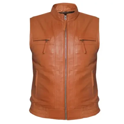 Men’s Leather Motorcycle Vest Cowhide Club Style Mandarin Collar Zip Pocket Vest Elastic Side Panels Riding Vest