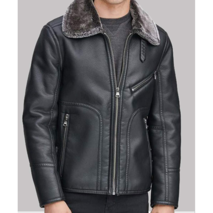 Kartwears Men's Black Leather Faux Shearling Collar Jacket – Front Zip & Pockets